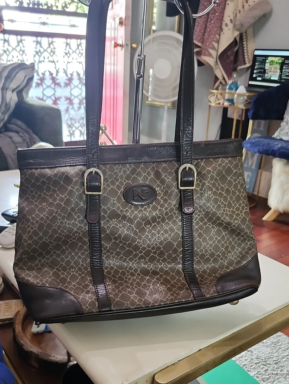 Nina Ricci Brown Patterned Leather-Trim Tote Vintage Leather & Coated Canvas